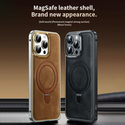 Metal Frame Oil Wax Leather MagSafe Phone Case with Spring Buckle Stand, For iPhone 15 Pro Max, For iPhone 15 Pro, For iPhone 15, For iPhone 14, For iPhone 14 Pro, For iPhone 14 Pro Max Apple Accessories engmet4654 iPhone 15 Pro Max - APEXEL INDIA - Mobile Lens - Mobile Camera Lens - Cellphone Accessories - Phone Lens - Smartphone Lens