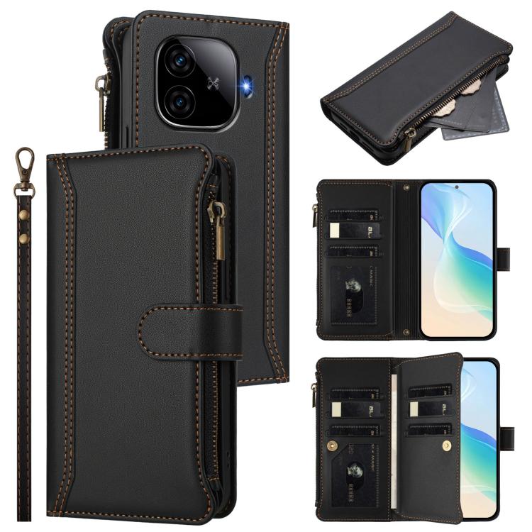 Magnetic Closure 9 Card Slots Zipper Leather Case with Hand Strap, For vivo iQOO Z9X, For vivo Y20 / Y20i / Y20S / Y11S, For vivo iQOO Z9 5G / Z9 Turbo 5G, For vivo V30 5G Global