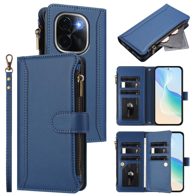 Magnetic Closure 9 Card Slots Zipper Leather Case with Hand Strap, For vivo iQOO Z9s Pro 5G India, For vivo Y03 4G Global / Y18 4G Global, For vivo V40 Lite 5G Global / V30e 5G Global, For vivo S19