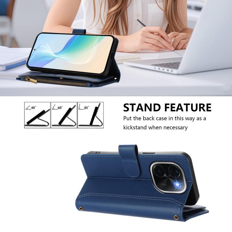 Magnetic Closure 9 Card Slots Zipper Leather Case with Hand Strap, For vivo iQOO Z9s Pro 5G India, For vivo Y03 4G Global / Y18 4G Global, For vivo V40 Lite 5G Global / V30e 5G Global, For vivo S19
