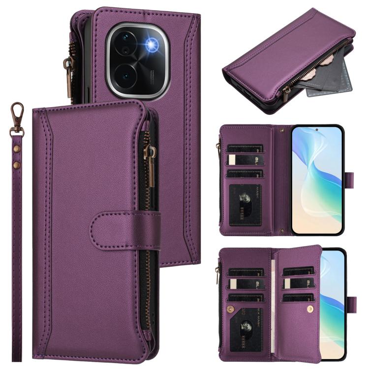 Magnetic Closure 9 Card Slots Zipper Leather Case with Hand Strap, For vivo iQOO Z9s Pro 5G India, For vivo Y03 4G Global / Y18 4G Global, For vivo V40 Lite 5G Global / V30e 5G Global, For vivo S19