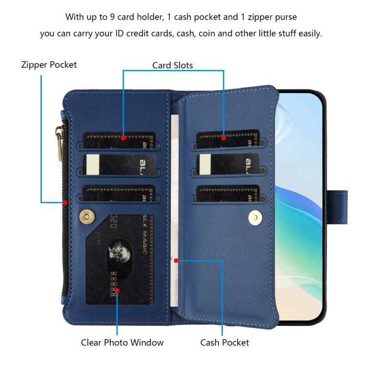 Magnetic Closure 9 Card Slots Zipper Leather Case with Hand Strap, For vivo iQOO Z9X, For vivo Y20 / Y20i / Y20S / Y11S, For vivo iQOO Z9 5G / Z9 Turbo 5G, For vivo V30 5G Global