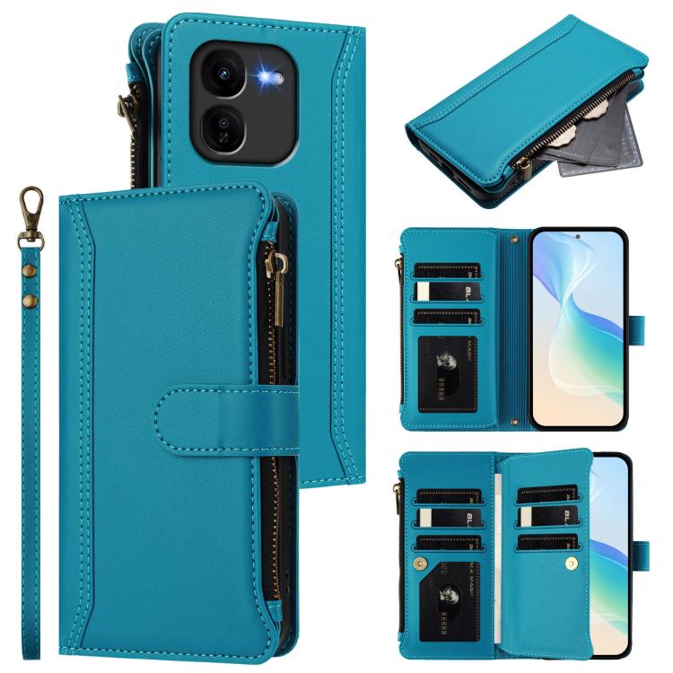 Magnetic Closure 9 Card Slots Zipper Leather Case with Hand Strap, For vivo iQOO Z9X, For vivo Y20 / Y20i / Y20S / Y11S, For vivo iQOO Z9 5G / Z9 Turbo 5G, For vivo V30 5G Global