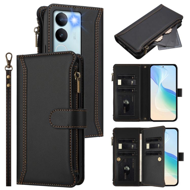 Magnetic Closure 9 Card Slots Zipper Leather Case with Hand Strap, For vivo V29E 5G Global / V30 Lite 5G Global, For vivo Y17S 4G Global, For vivo X100 5G, For vivo V29 5G Global