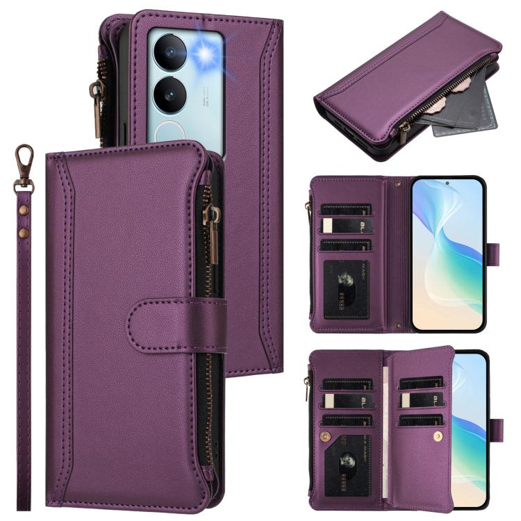 Magnetic Closure 9 Card Slots Zipper Leather Case with Hand Strap, For vivo V29E 5G Global / V30 Lite 5G Global, For vivo Y17S 4G Global, For vivo X100 5G, For vivo V29 5G Global