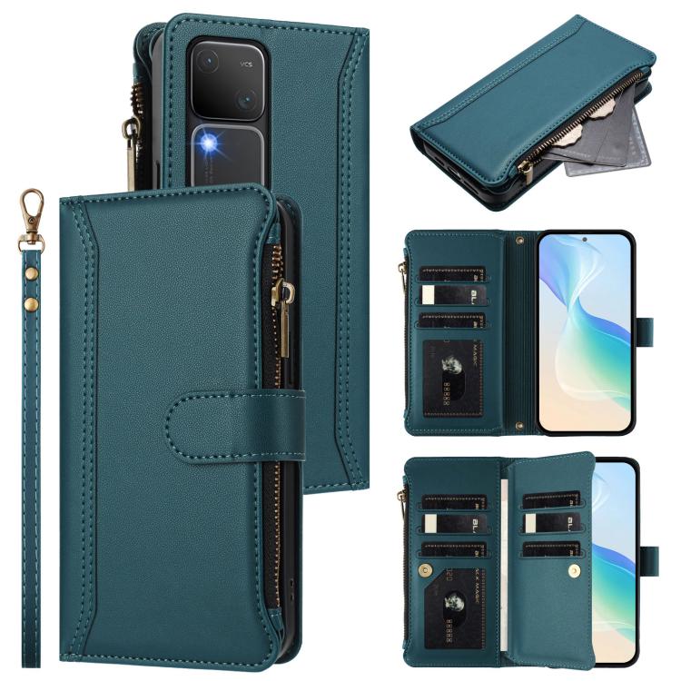 Magnetic Closure 9 Card Slots Zipper Leather Case with Hand Strap, For vivo iQOO Z9X, For vivo Y20 / Y20i / Y20S / Y11S, For vivo iQOO Z9 5G / Z9 Turbo 5G, For vivo V30 5G Global