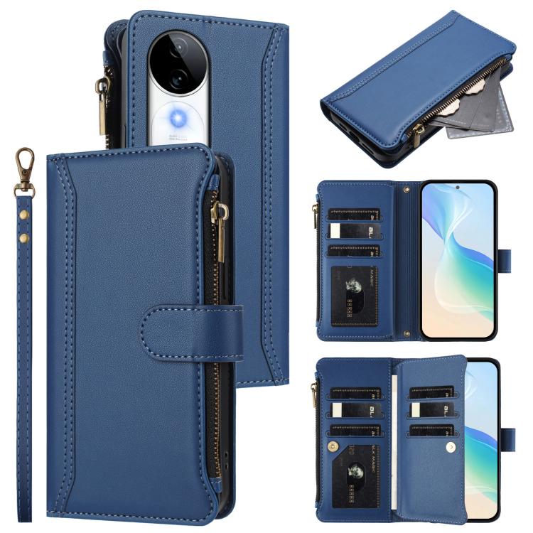 Magnetic Closure 9 Card Slots Zipper Leather Case with Hand Strap, For vivo iQOO Z9s Pro 5G India, For vivo Y03 4G Global / Y18 4G Global, For vivo V40 Lite 5G Global / V30e 5G Global, For vivo S19