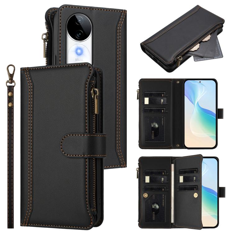 Magnetic Closure 9 Card Slots Zipper Leather Case with Hand Strap, For vivo iQOO Z9s Pro 5G India, For vivo Y03 4G Global / Y18 4G Global, For vivo V40 Lite 5G Global / V30e 5G Global, For vivo S19