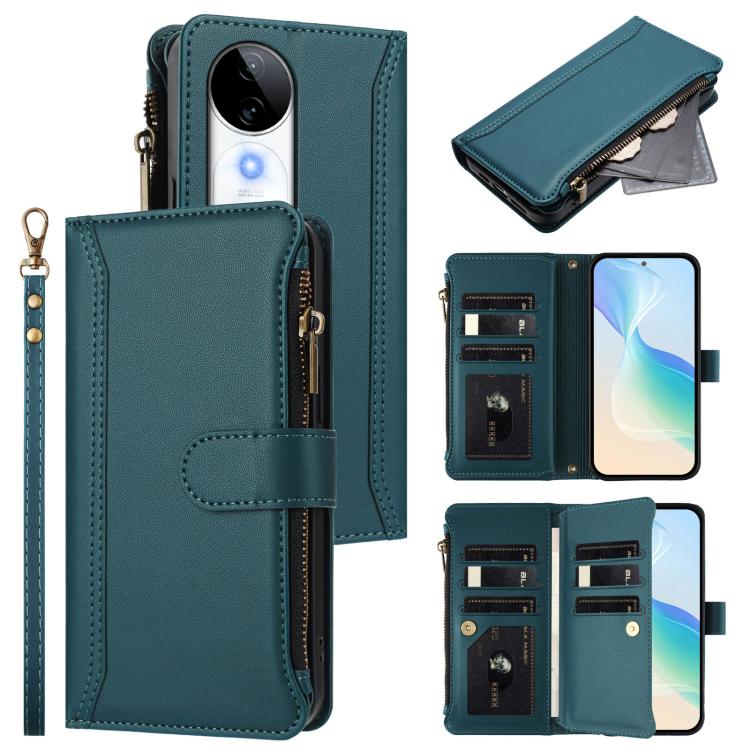 Magnetic Closure 9 Card Slots Zipper Leather Case with Hand Strap, For vivo iQOO Z9s Pro 5G India, For vivo Y03 4G Global / Y18 4G Global, For vivo V40 Lite 5G Global / V30e 5G Global, For vivo S19