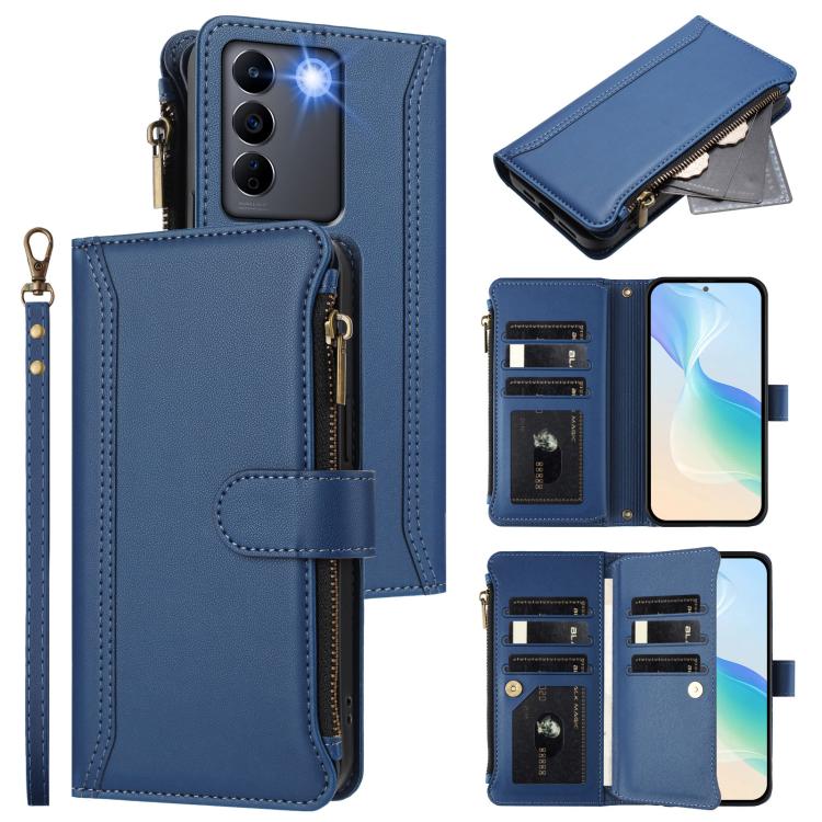 Magnetic Closure 9 Card Slots Zipper Leather Case with Hand Strap, For vivo Y27 4G 2023, For vivo Y02A 4G / Y02 4G / Y11 2023 / Y02T, For vivo V27 5G Global / V27 Pro 5G Global, For vivo V27E 4G Global / T2 4G Global