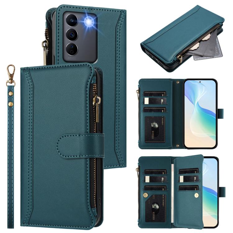 Magnetic Closure 9 Card Slots Zipper Leather Case with Hand Strap, For vivo Y27 4G 2023, For vivo Y02A 4G / Y02 4G / Y11 2023 / Y02T, For vivo V27 5G Global / V27 Pro 5G Global, For vivo V27E 4G Global / T2 4G Global