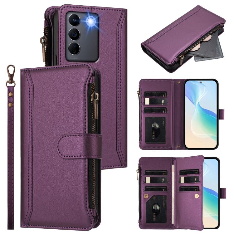 Magnetic Closure 9 Card Slots Zipper Leather Case with Hand Strap, For vivo Y27 4G 2023, For vivo Y02A 4G / Y02 4G / Y11 2023 / Y02T, For vivo V27 5G Global / V27 Pro 5G Global, For vivo V27E 4G Global / T2 4G Global