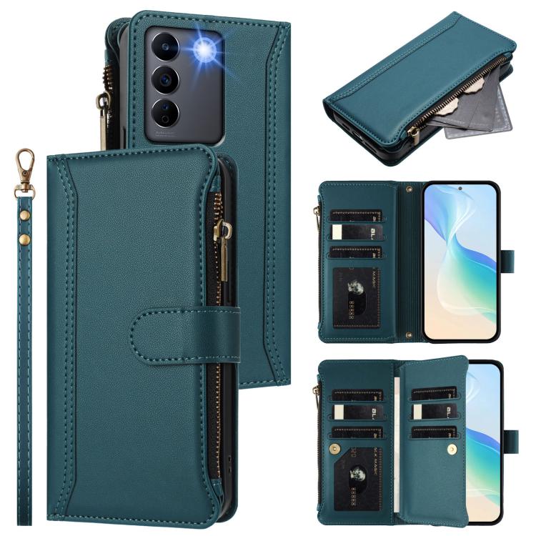 Magnetic Closure 9 Card Slots Zipper Leather Case with Hand Strap, For vivo Y27 4G 2023, For vivo Y02A 4G / Y02 4G / Y11 2023 / Y02T, For vivo V27 5G Global / V27 Pro 5G Global, For vivo V27E 4G Global / T2 4G Global