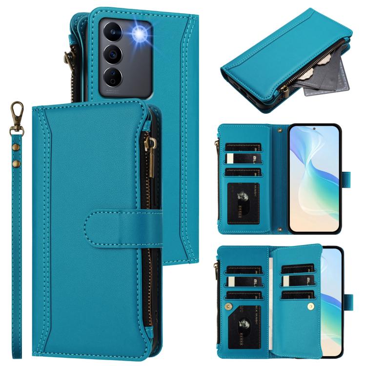 Magnetic Closure 9 Card Slots Zipper Leather Case with Hand Strap, For vivo Y27 4G 2023, For vivo Y02A 4G / Y02 4G / Y11 2023 / Y02T, For vivo V27 5G Global / V27 Pro 5G Global, For vivo V27E 4G Global / T2 4G Global