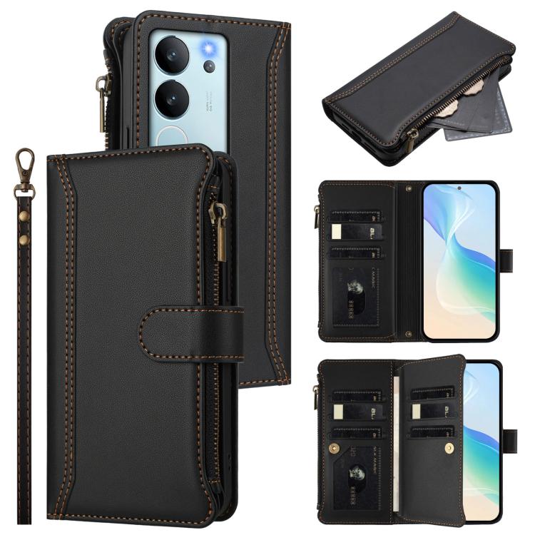 Magnetic Closure 9 Card Slots Zipper Leather Case with Hand Strap, For vivo V29E 5G Global / V30 Lite 5G Global, For vivo Y17S 4G Global, For vivo X100 5G, For vivo V29 5G Global