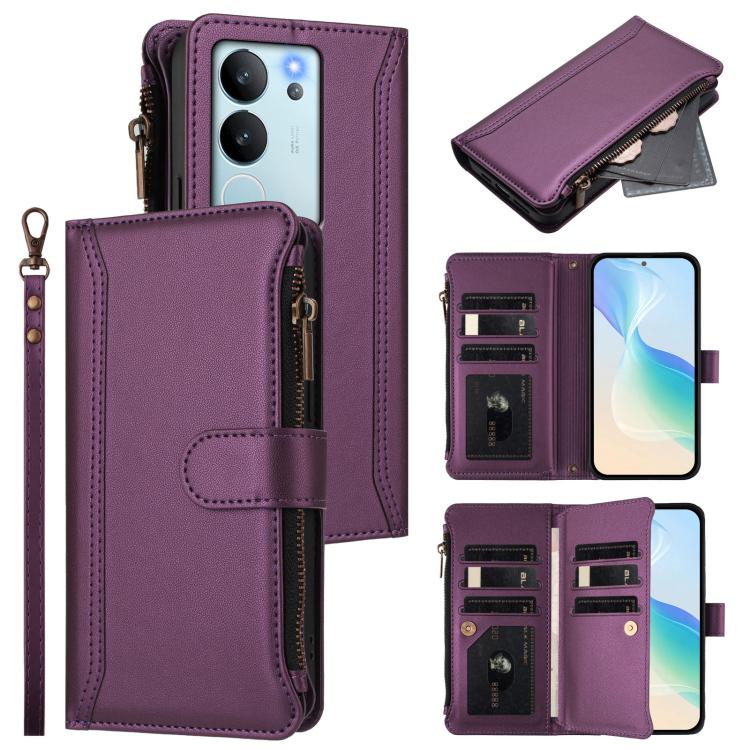 Magnetic Closure 9 Card Slots Zipper Leather Case with Hand Strap, For vivo V29E 5G Global / V30 Lite 5G Global, For vivo Y17S 4G Global, For vivo X100 5G, For vivo V29 5G Global