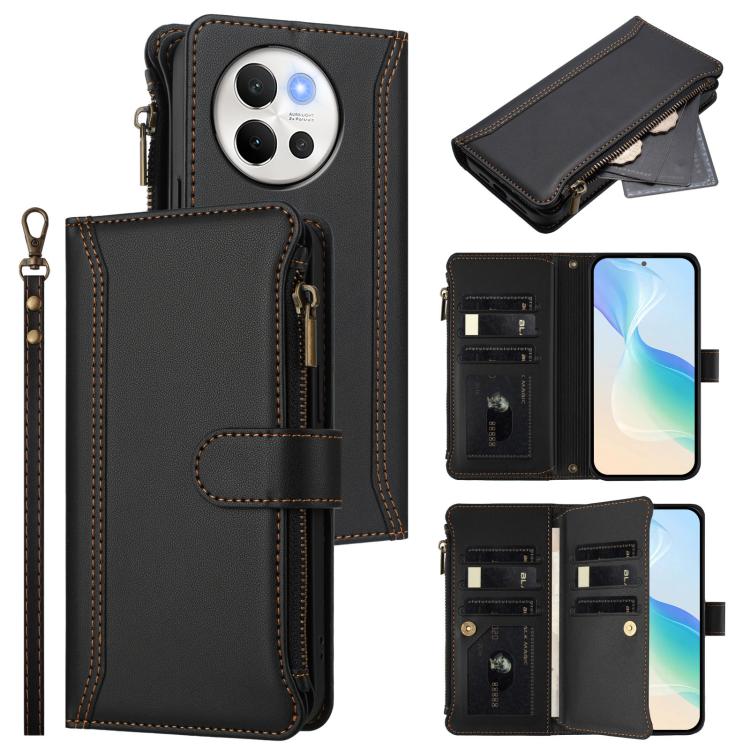 Magnetic Closure 9 Card Slots Zipper Leather Case with Hand Strap, For vivo iQOO Z9s Pro 5G India, For vivo Y03 4G Global / Y18 4G Global, For vivo V40 Lite 5G Global / V30e 5G Global, For vivo S19