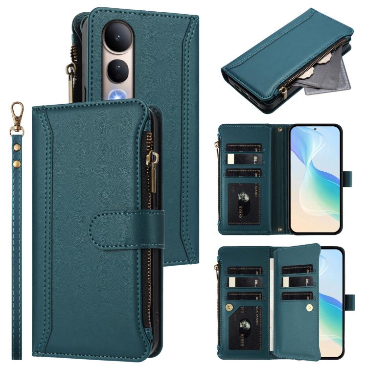 Magnetic Closure 9 Card Slots Zipper Leather Case with Hand Strap, For vivo V60 Lite 5G Global, For vivo Y400 4G, For vivo X200S 5G, For vivo V50 Lite 5G Global / V50 Lite 4G