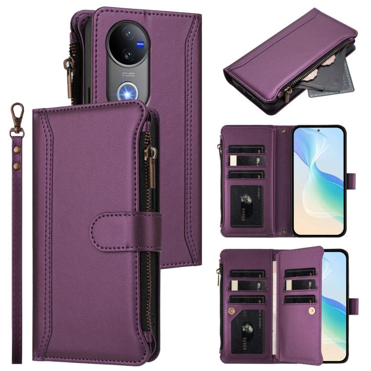 Magnetic Closure 9 Card Slots Zipper Leather Case with Hand Strap, For vivo Y39 5G Global, For vivo Y29S 5G / Y04 5G Global, For vivo Y29 4G Global, For vivo V50 5G Global