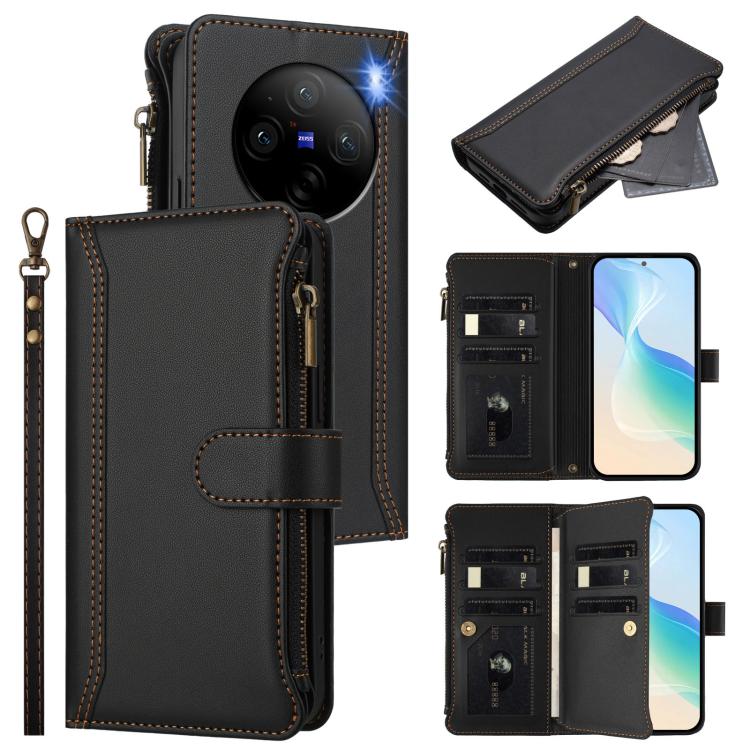 Magnetic Closure 9 Card Slots Zipper Leather Case with Hand Strap, For vivo V29E 5G Global / V30 Lite 5G Global, For vivo Y17S 4G Global, For vivo X100 5G, For vivo V29 5G Global