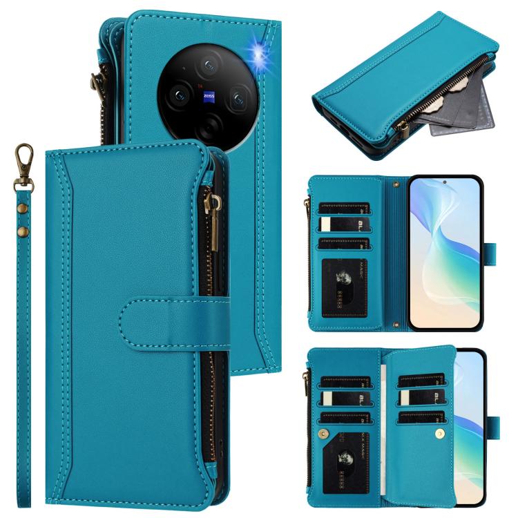 Magnetic Closure 9 Card Slots Zipper Leather Case with Hand Strap, For vivo V29E 5G Global / V30 Lite 5G Global, For vivo Y17S 4G Global, For vivo X100 5G, For vivo V29 5G Global