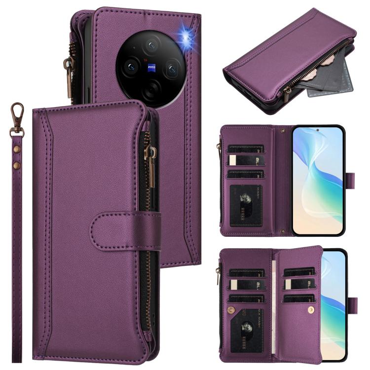 Magnetic Closure 9 Card Slots Zipper Leather Case with Hand Strap, For vivo V29E 5G Global / V30 Lite 5G Global, For vivo Y17S 4G Global, For vivo X100 5G, For vivo V29 5G Global