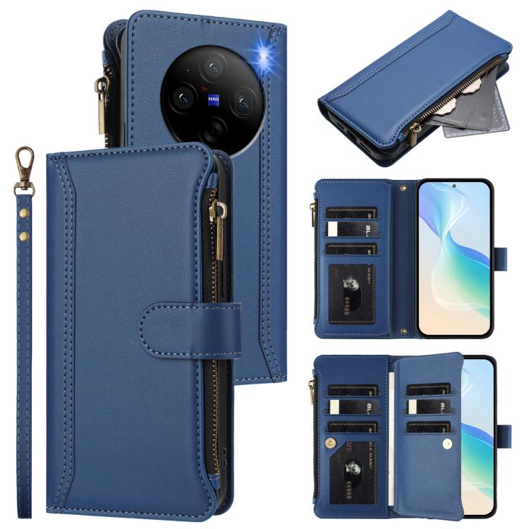 Magnetic Closure 9 Card Slots Zipper Leather Case with Hand Strap, For vivo Y28 4G Global, For vivo Y38 5G Global / T3X 5G Global, For vivo X100 Pro 5G / X100S Pro 5G, For vivo X100S 5G