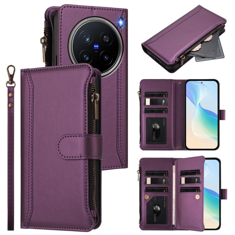 Magnetic Closure 9 Card Slots Zipper Leather Case with Hand Strap, For vivo X200 Pro mini, For vivo X200 Pro 5G, For vivo V40E 5G india / iQOO Z9s 5G, For vivo V40 5G Global / V40 Pro 5G Global