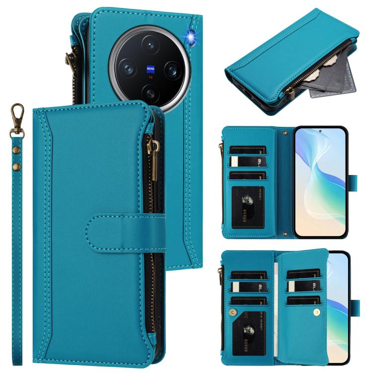 Magnetic Closure 9 Card Slots Zipper Leather Case with Hand Strap, For vivo X200 Pro mini, For vivo X200 Pro 5G, For vivo V40E 5G india / iQOO Z9s 5G, For vivo V40 5G Global / V40 Pro 5G Global