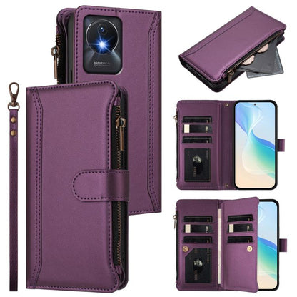 Magnetic Closure 9 Card Slots Zipper Leather Case with Hand Strap, For vivo Y27 4G 2023, For vivo Y02A 4G / Y02 4G / Y11 2023 / Y02T, For vivo V27 5G Global / V27 Pro 5G Global, For vivo V27E 4G Global / T2 4G Global