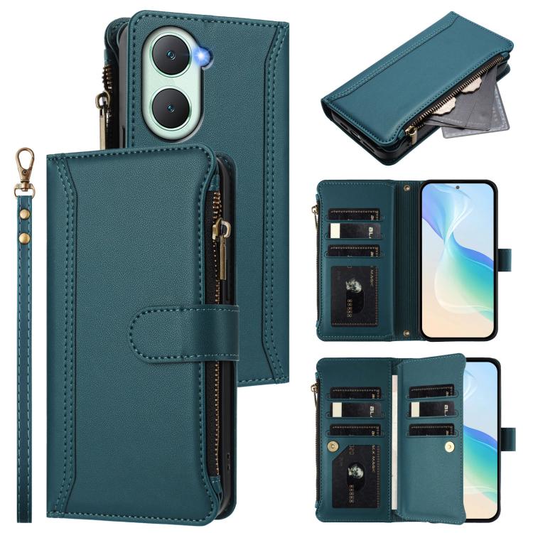 Magnetic Closure 9 Card Slots Zipper Leather Case with Hand Strap, For vivo iQOO Z9s Pro 5G India, For vivo Y03 4G Global / Y18 4G Global, For vivo V40 Lite 5G Global / V30e 5G Global, For vivo S19