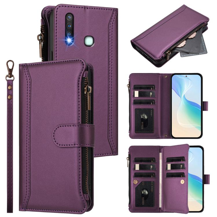 Magnetic Closure 9 Card Slots Zipper Leather Case with Hand Strap, For vivo Y19 / U3 / Y5S / Z5i / U20, For vivo Y17 / Y15 / Y12 Global
