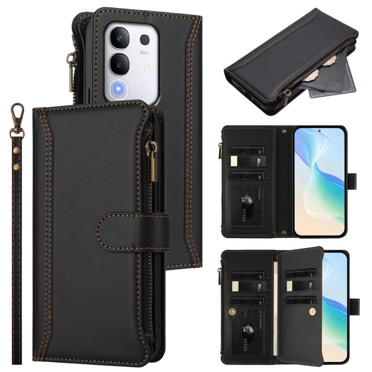Magnetic Closure 9 Card Slots Zipper Leather Case with Hand Strap, For vivo Y39 5G Global, For vivo Y29S 5G / Y04 5G Global, For vivo Y29 4G Global, For vivo V50 5G Global