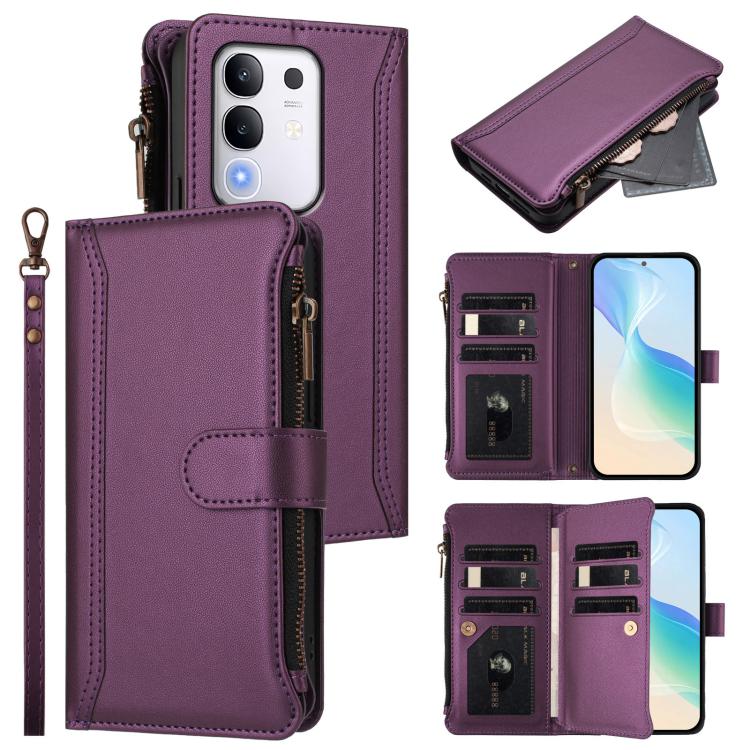 Magnetic Closure 9 Card Slots Zipper Leather Case with Hand Strap, For vivo Y39 5G Global, For vivo Y29S 5G / Y04 5G Global, For vivo Y29 4G Global, For vivo V50 5G Global