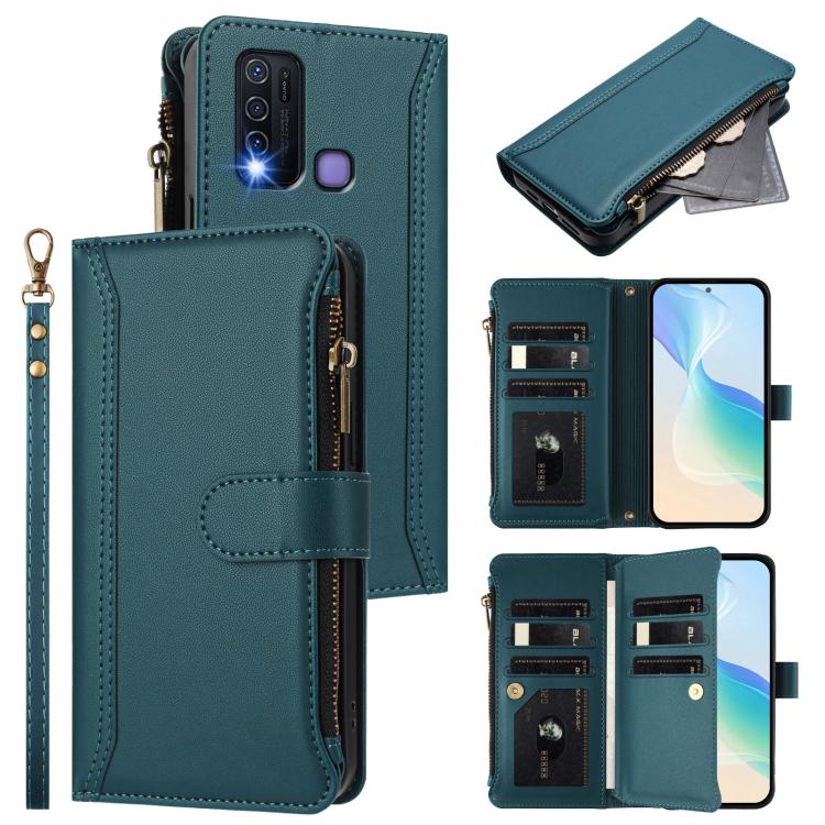 Magnetic Closure 9 Card Slots Zipper Leather Case with Hand Strap, For vivo Y35 4G Global / Y77E 5G, For vivo Y33S 4G Global / Y21 2021, For vivo V20 / V21E 4G / Y73 2021, For vivo Y30 4G Global