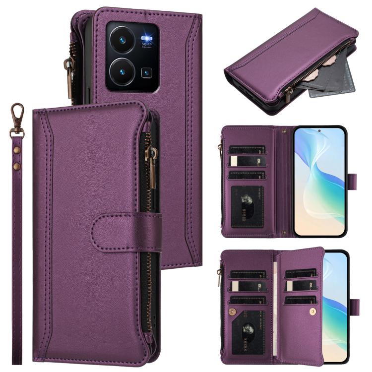Magnetic Closure 9 Card Slots Zipper Leather Case with Hand Strap, For vivo Y35 4G Global / Y77E 5G, For vivo Y33S 4G Global / Y21 2021, For vivo V20 / V21E 4G / Y73 2021, For vivo Y30 4G Global