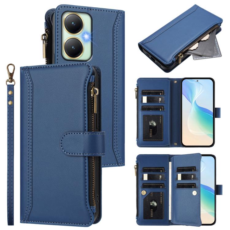 Magnetic Closure 9 Card Slots Zipper Leather Case with Hand Strap, For vivo Y27 4G 2023, For vivo Y02A 4G / Y02 4G / Y11 2023 / Y02T, For vivo V27 5G Global / V27 Pro 5G Global, For vivo V27E 4G Global / T2 4G Global