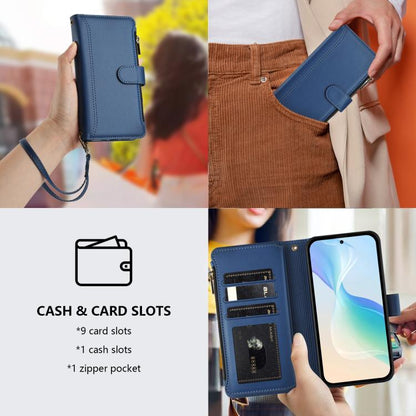 Magnetic Closure 9 Card Slots Zipper Leather Case with Hand Strap, For vivo Y27 4G 2023, For vivo Y02A 4G / Y02 4G / Y11 2023 / Y02T, For vivo V27 5G Global / V27 Pro 5G Global, For vivo V27E 4G Global / T2 4G Global