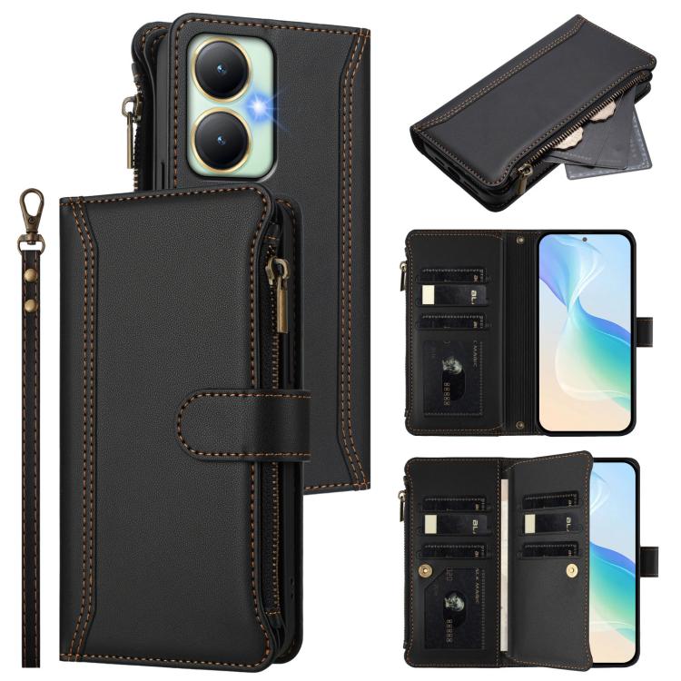 Magnetic Closure 9 Card Slots Zipper Leather Case with Hand Strap, For vivo Y27 4G 2023, For vivo Y02A 4G / Y02 4G / Y11 2023 / Y02T, For vivo V27 5G Global / V27 Pro 5G Global, For vivo V27E 4G Global / T2 4G Global