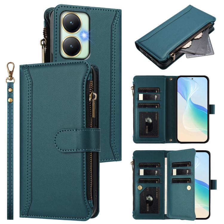 Magnetic Closure 9 Card Slots Zipper Leather Case with Hand Strap, For vivo Y27 4G 2023, For vivo Y02A 4G / Y02 4G / Y11 2023 / Y02T, For vivo V27 5G Global / V27 Pro 5G Global, For vivo V27E 4G Global / T2 4G Global