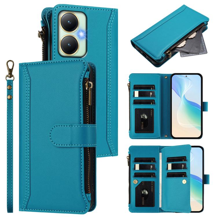 Magnetic Closure 9 Card Slots Zipper Leather Case with Hand Strap, For vivo Y27 4G 2023, For vivo Y02A 4G / Y02 4G / Y11 2023 / Y02T, For vivo V27 5G Global / V27 Pro 5G Global, For vivo V27E 4G Global / T2 4G Global