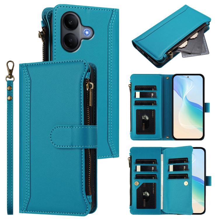 Magnetic Closure 9 Card Slots Zipper Leather Case with Hand Strap, For vivo V60 Lite 5G Global, For vivo Y400 4G, For vivo X200S 5G, For vivo V50 Lite 5G Global / V50 Lite 4G