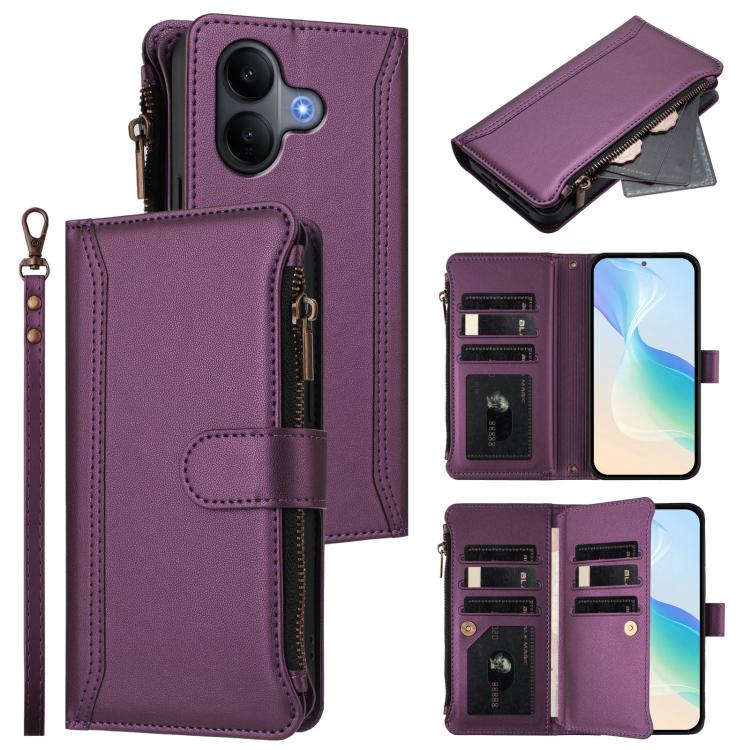 Magnetic Closure 9 Card Slots Zipper Leather Case with Hand Strap, For vivo V60 Lite 5G Global, For vivo Y400 4G, For vivo X200S 5G, For vivo V50 Lite 5G Global / V50 Lite 4G