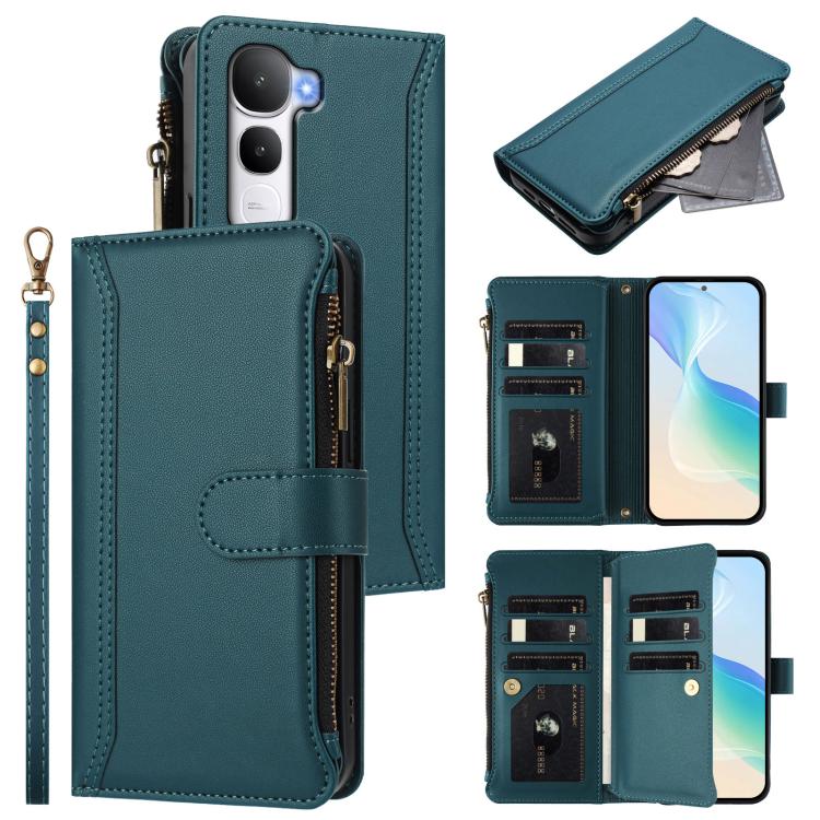 Magnetic Closure 9 Card Slots Zipper Leather Case with Hand Strap, For vivo V60 Lite 5G Global, For vivo Y400 4G, For vivo X200S 5G, For vivo V50 Lite 5G Global / V50 Lite 4G