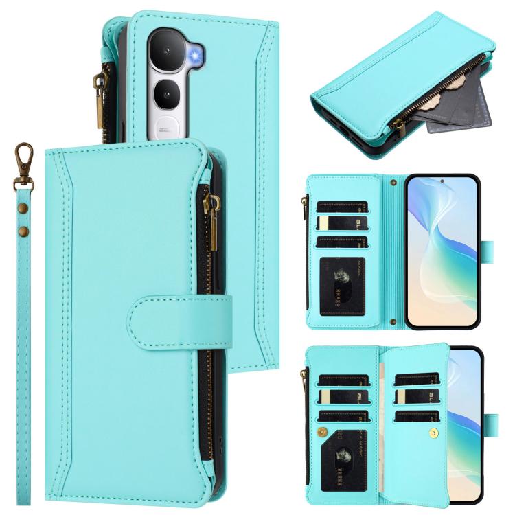 Magnetic Closure 9 Card Slots Zipper Leather Case with Hand Strap, For vivo V60 Lite 5G Global, For vivo Y400 4G, For vivo X200S 5G, For vivo V50 Lite 5G Global / V50 Lite 4G