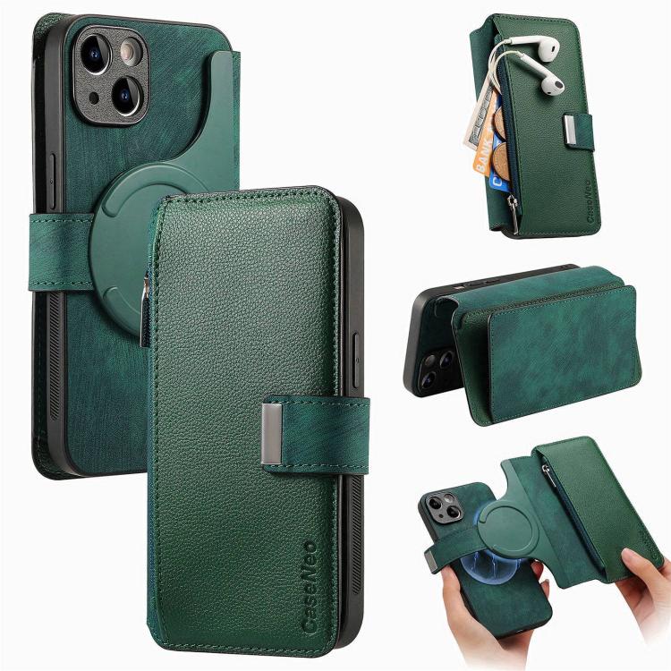 CaseNeo MagSafe RFID Anti-theft Zipper Wallet Retro Leather Phone Case, For iPhone 15, For iPhone 14