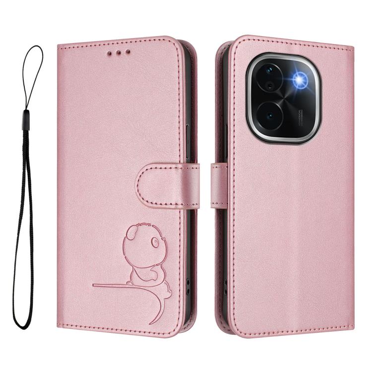 Litter Panda Embossing RFID Leather Phone Case with Lanyard, For vivo iQOO Z9s Pro / T3 Pro India, For vivo Y03 / Y18 India / Y28s, For vivo V40 Lite 5G / V30e 5G, For vivo S19