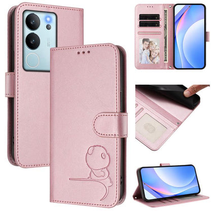 Litter Panda Embossing RFID Leather Phone Case with Lanyard, For vivo iQOO Z9 / Z9 Turbo, For vivo V30 / V30 Pro, For vivo V29e / Y200 5G / V30 Lite 5G, For vivo Y36 5G / 4G / India