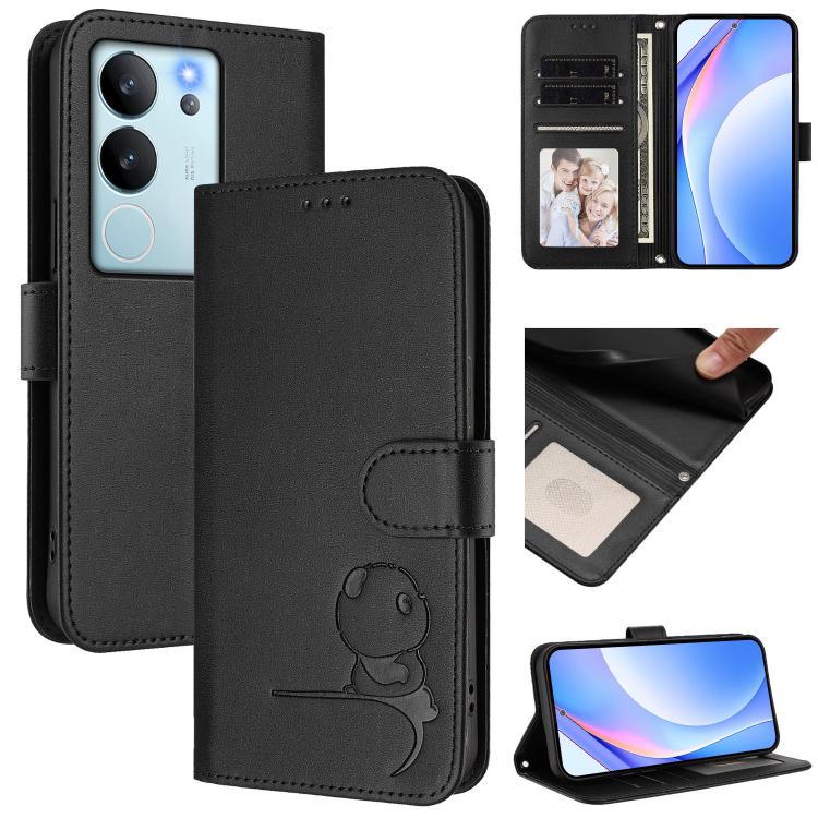 Litter Panda Embossing RFID Leather Phone Case with Lanyard, For vivo iQOO Z9 / Z9 Turbo, For vivo V30 / V30 Pro, For vivo V29e / Y200 5G / V30 Lite 5G, For vivo Y36 5G / 4G / India