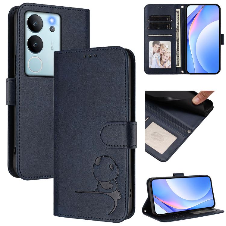 Litter Panda Embossing RFID Leather Phone Case with Lanyard, For vivo iQOO Z9 / Z9 Turbo, For vivo V30 / V30 Pro, For vivo V29e / Y200 5G / V30 Lite 5G, For vivo Y36 5G / 4G / India